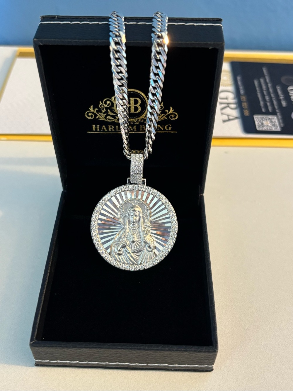 Sterling Silver and Moissanite Virgin Mary Pendant with Chain